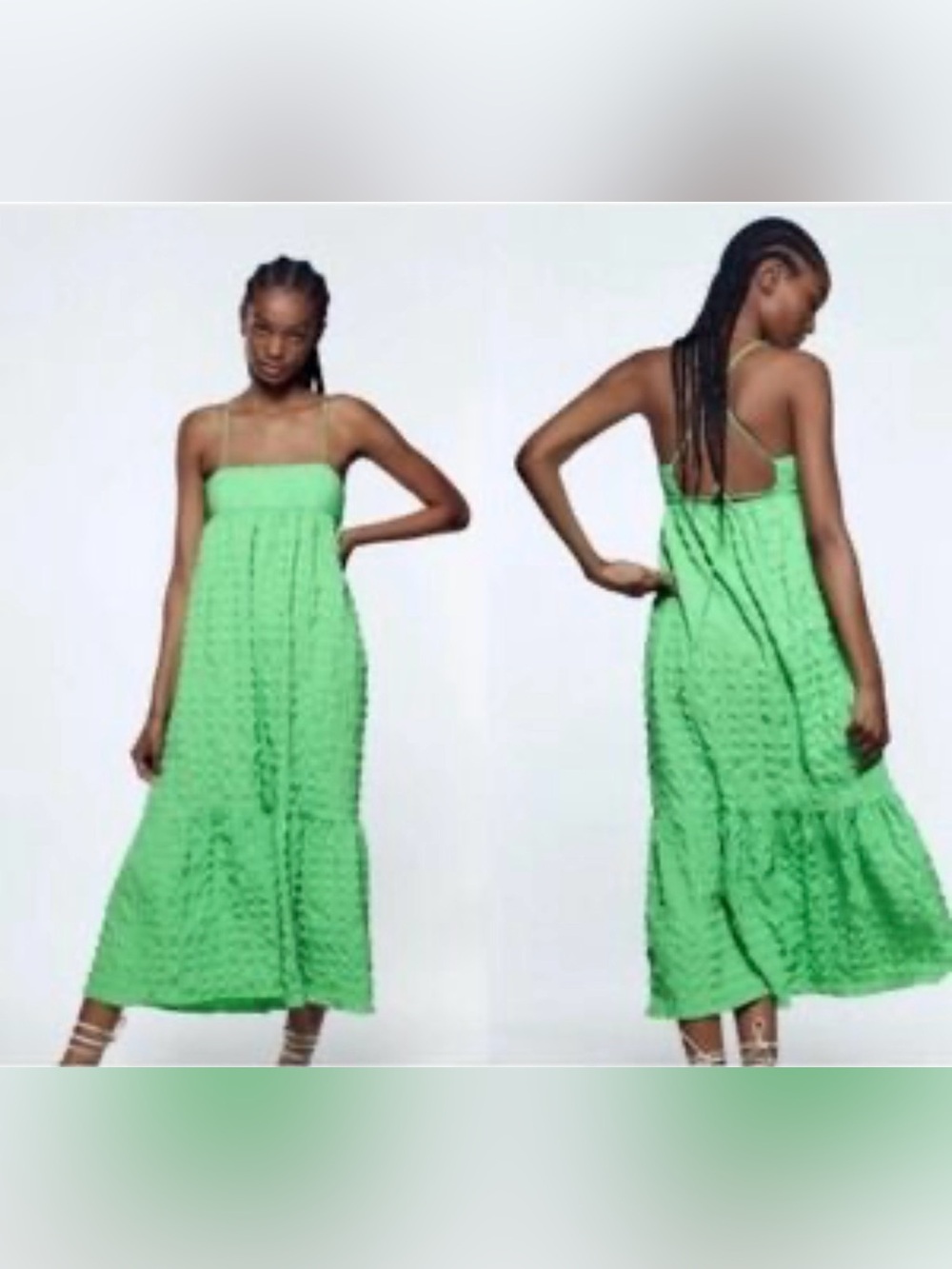 ZARA Lime Green Textured Maxi Dress Size L Tie Back Open Back Summer Vacation